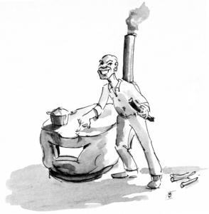 Cartoon of a wood burning stove and the inventor, who looks a lot like the stove.