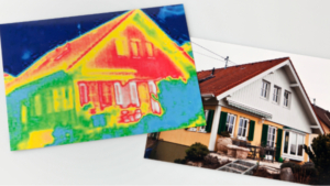 thermal image of house juxtaposed with daylight image of same house