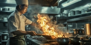 A chef cooks at a stove with a flaming wok